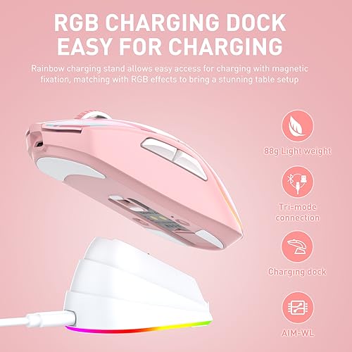 DAREU A950 Wireless Gaming Mouse with RGB Charging Dock,88g Lightweight Programmable Tri-Mode Wireless Mouse Gaming, Up to 12K DPI,1000Hz,120Hrs Playtime with RGB Backlit, Great for PC, Mac - color: Pink