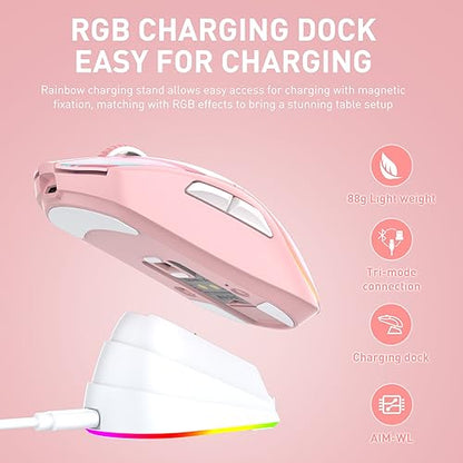 DAREU A950 Wireless Gaming Mouse with RGB Charging Dock,88g Lightweight Programmable Tri-Mode Wireless Mouse Gaming, Up to 12K DPI,1000Hz,120Hrs Playtime with RGB Backlit, Great for PC, Mac - color: Pink