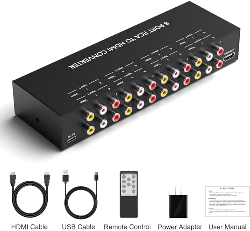 8 AV to HDMI Converter, 1080P/720P 8 Way RCA Composite CVBS AV Switch to HDMI Converter Adapter Support 4:3/16:9 Switch for Sega Xbox PS1 PS2 PS3 N64 NGC SNES WII VHS VCR Camera DVD - style: 8 RCA Converter
