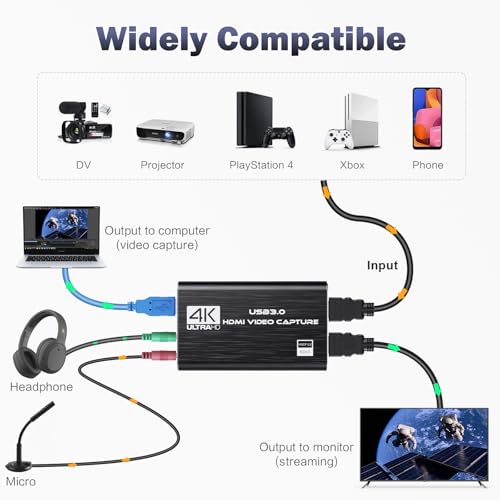 Video Capture Card, 4K HDMI Audio Capture Card Video Recorder with Mic and HDMI Loop-Out for Gaming/Live Streaming/Conference, Works for Nintendo Switch/PS5/Camera/Xbox/OBS