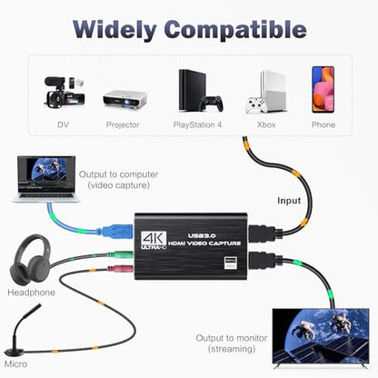 Video Capture Card, 4K HDMI Audio Capture Card Video Recorder with Mic and HDMI Loop-Out for Gaming/Live Streaming/Conference, Works for Nintendo Switch/PS5/Camera/Xbox/OBS