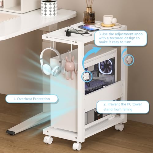 PC Tower Stand Height Adjustable with Charging Station | Computer Tower Stand with LED Light Strip,Mobile Rolling CPU Holder for Office Home (White Texture) - color: White Texture, size: 19.29'' × 11.42'