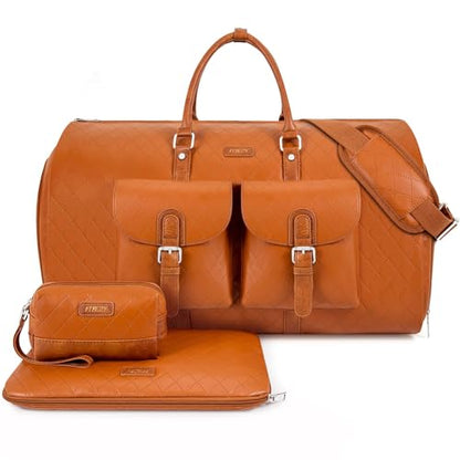 Garment Bag for Travel Convertible Carry on Travel Duffel Bag for Men Women | 3PCS Large Weekender Bag with Waterproof Shoes Pouch 2 in 1 Hanging Clothes Suit Dress Bag Travel Garment Duffel Bag 56L - color: A8-Brown-Faux Leather