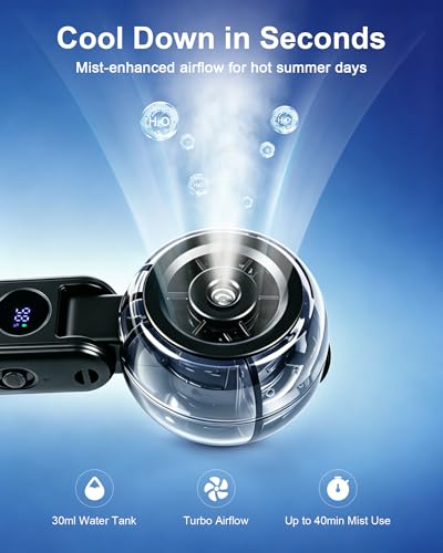 Portable Misting Fan, Rechargeable Handheld Spray Fan | 100-Speed Adjustable Cooling Fan with Water Mist Spray, Foldable Design, Lanyard Included for Outdoor Camping & Travel - color: Black