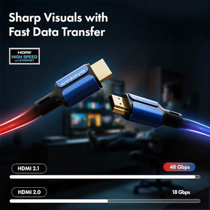 HDMI Cable V2.1 with Ethernet, 8k@60Hz,4K@120Hz UHD Resolution,9.9 Feet Braided, 48 Gbps Transmission Ultra High Speed,HDR/HDR10/Dolby Vision,Dolby Atmos and DTS:X, Compatible All HDMI Devices - color: Blue, size: 9.9 Feet