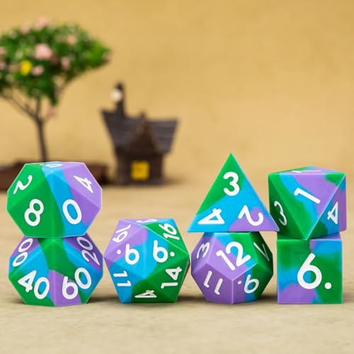 DND Sharp Edges Dice, D&D Silicone Rubber Polyhedral Dice Set 7pcs (D4, D6, D8, D10, D12, D20, D%) for Dungeons and Dragons, RPG, MTG for Ages 15 and Up - color: Purple Blue Green