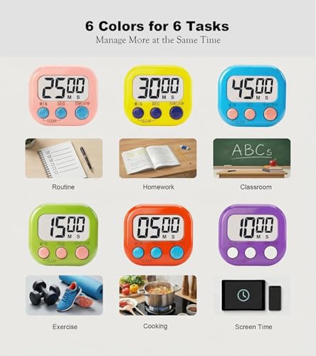 Digital Timer for Classroom Teachers Students, Magnetic Countdown Timer | Easy Timers for Kids Homework Study Kitchen Cooking Gym Game, 6 Pcs