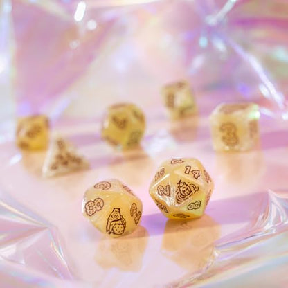 Q-Workshop Capybara Ornamented Dice Set Sleepie, Ages 14+ | RPG dice - 7 Piece Polyhedral Dice Set with Red Engraved Numbers, Cream Glitter Resin for DnD, Pathfinder & Tabletop