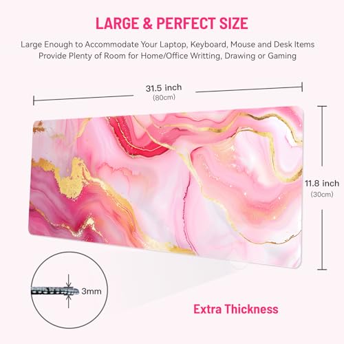 Mousepad Desk Mat Gaming Large Keyboard Cute Office Desktop Computer Laptop Marble XXL Long Giant Big Kawaii Aesthetic Girly Pretty Design Women Girl Gamer Oversized Wide 30x12'' Mousepad - color: Pink Marble