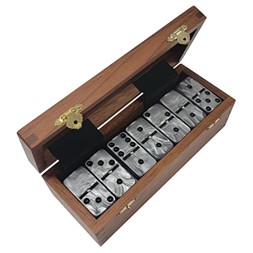 Marion Domino Double Six Silver Marbleized Jumbo Tournament Professional Size with Spinners in Dovetail Sheesham Wood Box. - color: Silver