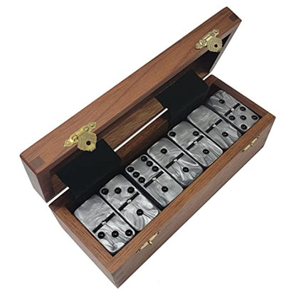 Marion Domino Double Six Silver Marbleized Jumbo Tournament Professional Size with Spinners in Dovetail Sheesham Wood Box. - color: Silver