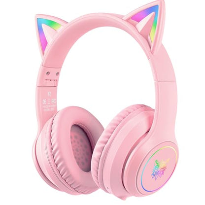 Cat Ear Bluetooth Headphones with Micphone for Kids & Adults, LED Light Up Wireless HI-FI Sound Quality, Over-Ear Headphones with Volume Control for iPhone/iPad/Laptop/PC(55H Play Time) - style: Adults-105dB-Pink