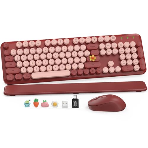 Wireless Keyboard and Mouse Combo, Wine Red Retro Typewriter Style Keyboard with Round Keycaps and Magnetic Wrist Rest, 2.4GHz Wireless for Mac, Windows PC, Laptop, Home Office, School, SABLUTE CK23 | Full-Size Retro Typewriter-Style Keyboard, Tilt Legs,
