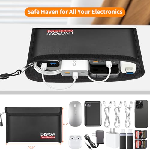 ENGPOW Fireproof Organizer Travel Safe Bag, Portable Electronic Carry Case | Heat Insulated＆Explosion-Proof, Home Travel Storage for Power Bank,Phone,Cables,USB Drive, Charging Protection, 10.6''x6.7'' - size: 10.6'' x 6.7''