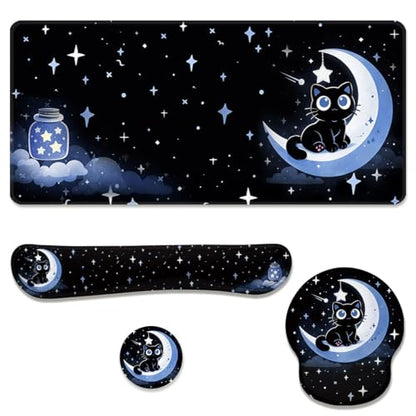 Moon Cat Desk Mat Set Starry Night Large Mouse Pad with Wrist Rest 4in1 Desk Mat for Desktop Ergonomic Computer Desk Arm Wrist Anti-Slip Computer Ergonomic Mouse Pad Home Office Gaming - color: Moon Cat