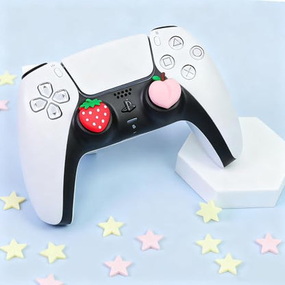 PERFECTSIGHT Cute Peach Strawberry Thumb Grip Caps for Switch 2, PS5, PS4, Xbox Series X/S, Xbox One, Switch PRO Controller, 4PCS Kawaii Soft Rubber 3D Analog Thumbsticks Grips Joystick Cover - color: Peach+Strawberry