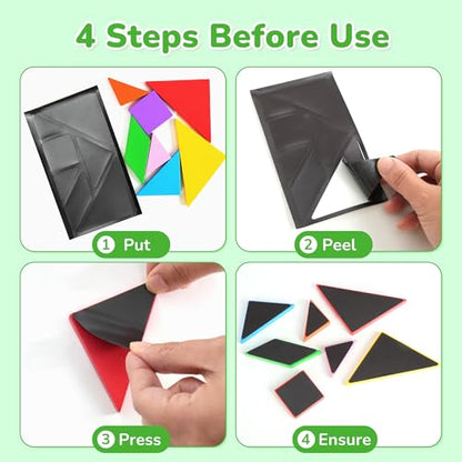 BenBen Travel Tangram Puzzle with 2 Sets Magnetic Wooden Shapes for Kids | Extra Large Dual-Sided Magnet Surface, Color Pattern IQ Book, Road Trip Car Plane Game, Educational STEM Toys for Kids Adults - style: 14 Pieces Blocks