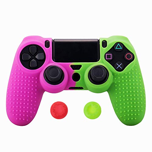 PS4 Controller DualShock4 Skin Grip Anti-Slip Silicone Cover Protector Case for Sony PS4/PS4 Slim/PS4 Pro Controller with 2 Thumb Grips (Red and Green) - color: Red and Green
