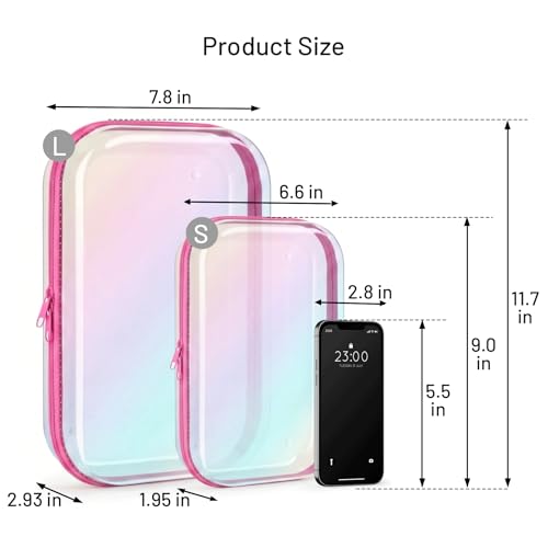 Clear Hard Shell Organizer Cases, 2 Pack | Iridescent PET shell with water-resistant, scratch-resistant surface for travel, toiletries, electronics and daily essentials - color: Pink Iridescent