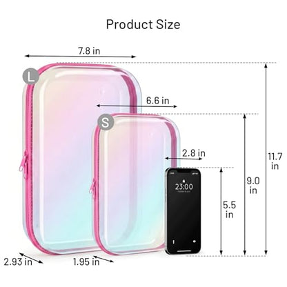 Clear Hard Shell Organizer Cases, 2 Pack | Iridescent PET shell with water-resistant, scratch-resistant surface for travel, toiletries, electronics and daily essentials - color: Pink Iridescent