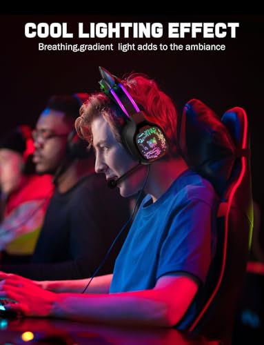 ONITOON Gaming Headset with Microphone, RGB Lights, Detachable Cat Ear, Lightweight Over-Ear Headphones with Adjustable Headband for PC, PS4, PS5, Mac, Switch, Surround Sound, in-Line Control, Black - color: Black