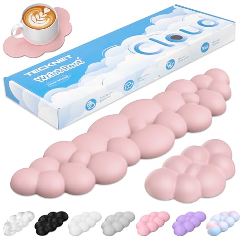TECKNET Cloud Keyboard Wrist Rest Set, Cloud Wrist Rest with Non-Slip Base, PU Leather Wrist Pad for Keyboard with Ergonomic Memory Foam for Computer Laptop Office Gaming and Pain Relief, Light Pink - color: Light Pink