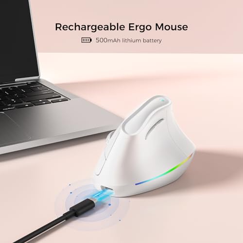 KYSONA 57° Wireless Ergonomic Mouse, Vertical Mouse, Carpal Tunnel Mouse, RGB Light, Rechargeable, Bluetooth & 2.4G, 5-Level DPI Adjustment, Quiet Click Ergo Mice Compatible with PC/Laptop/Mac, White - color: RGB Light in White