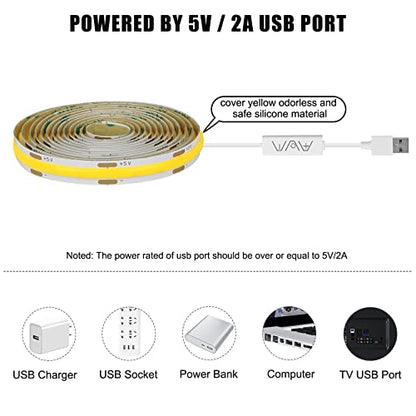Tatazone 5V USB COB Led Strip Light with RF Remote | 4.92ft, 6500K, CRI93+, Long Cable, Dimmable for Cabinet, TV, Shelf, Monitor, Showcase, Motorhome