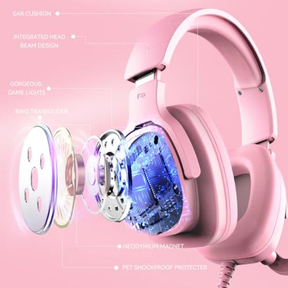 Jimonyer Gaming Headset with Microphone, 7.1 Surround Sound and Noise Canceling Over Ear Headphones for PC/PS5/PS4/Xbox Series/Switch, RGB Light and Soft Memory Earmuffs (Pink) - color: Pink
