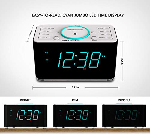 Emerson ER100401 Smartset 15Watt Ultra Fast Wireless Charging Dual Alarm Clock Radio with Bluetooth Speaker, USB Charger, Cyan LED Night Light and 1.4" Display - style: ER100401