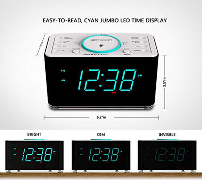 Emerson ER100401 Smartset 15Watt Ultra Fast Wireless Charging Dual Alarm Clock Radio with Bluetooth Speaker, USB Charger, Cyan LED Night Light and 1.4" Display - style: ER100401
