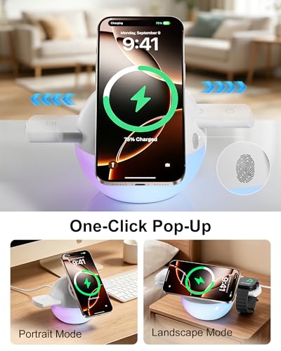 3-in-1 Charging Station for Apple, Mizccdem Qi2.2 25W Certified Wireless MagSafe Fast Charger Stand with Night Light for iPhone17/16/15/14/13/12 Series, Apple Watch, AirPods(45W Adapter Included)