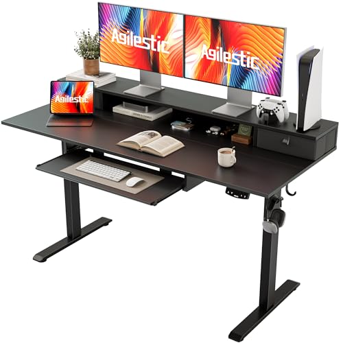 Agilestic Electric Standing Desk with 2 Drawers and Keyboard Tray, 55 x 24 Inches Ergonomic Adjustable Height Desk with Storage, Sit Stand up Desk Computer Workstation, Black - color: Black, size: 55 x 24 Inches with 2 drawers and keyboard tray