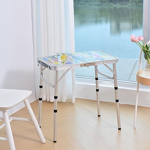 Yriuat Folding Camping Table 2ft Portable Pinic Table Adjustable Height Small Card Table Aluminum Foldable Lightweight with Carry Handle for Outdoor Indoor Hiking Camp BBQ Beach (Blooming Floral) | Lightweight Aluminum,Foldable Small Card Table with Carry