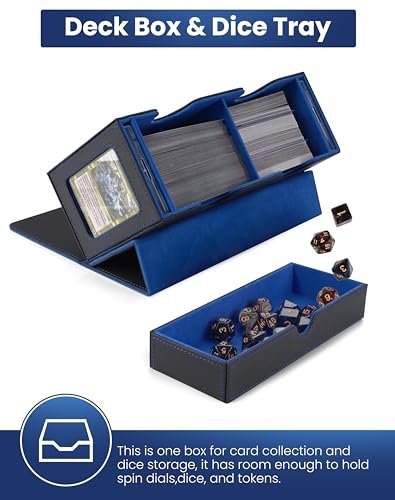 MRAUF MTG Deck Box with Double Commander Display and Dice Tray, Fits 200+ Double Sleeved Cards, Card Storage Box Plus 2 Magnetic Holders& 100Pcs Card Sleeves (Black& Blue) - color: Black& Blue