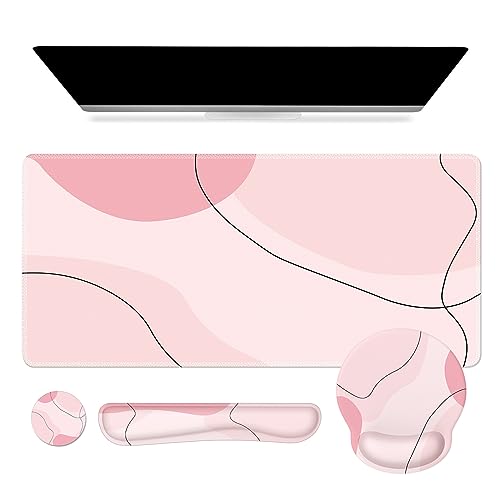 iCasso Pink Art 4in1 Desk Mat, 35.4"x15.7" Keyboard Pad for Travel | Dreamy Ergonomic Desk Pad Including Keyboard Wrist Rest, Mousepad Set for Women Workspace Table Computer Setup - color: Pink Art
