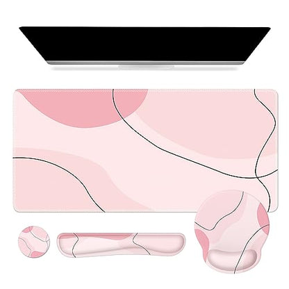 iCasso Pink Art 4in1 Desk Mat, 35.4"x15.7" Keyboard Pad for Travel | Dreamy Ergonomic Desk Pad Including Keyboard Wrist Rest, Mousepad Set for Women Workspace Table Computer Setup - color: Pink Art