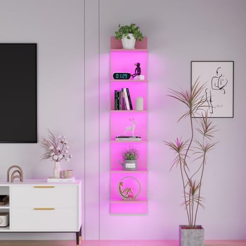 Qupui 6-Tier Wall Shelf with RGB LED, 57" Floating Storage, Pink | RGB 16 Million Colors, 22 Modes, 6 Brightness. Waterproof Particleboard. Each Tier Holds 10 Lbs. Wall-mounted. For Bedroom - color: Pink