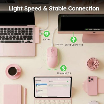 RK ROYAL KLUDGE MO1 Wireless Mouse, 55g Ultra-Lightweight Computer Mice, 6 Programmable Buttons, 2.4GHz/Bluetooth/Wired, 6000 DPI Optical Sensor, Pink - color: Pink
