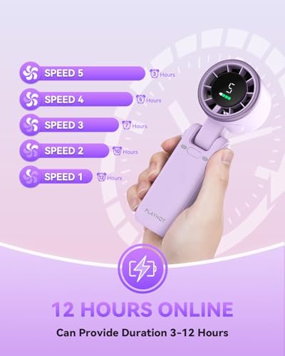 PlayHot Portable Handheld Turbo Fan, Travel Essentials, Gifts for Women/Men | 5-Speed, Up to 12H, 10m/s Airflow, USB-C Rechargeable, LED Display, 3-in-1 Foldable Personal Fan for Cruise, Beach, Vacation - color: Purple