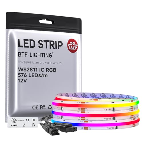 BTF-LIGHTING RGB WS2811 Smart IC FCOB COB LED Strip, UL Listed 576LEDs/m High Density Color Chasing Uniform Light, DC12V 9.8FT 10mm Width Tape Light for Home Party DIY Decor(No Adapter or Controller) - color: DC12V IP30, size: 9.8FT 576LED/m