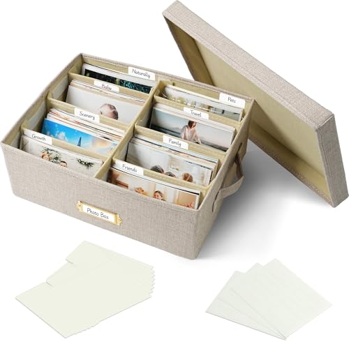 Linen Photo Storage Box with Adjustable Hook and Loop Dividers, Holds 1700 4"x6" Photos, Collapsible Picture Organizer with Handle and Label Stickers, Memory Keepsake Box for Women, Beige - color: Beige, size: 13.78"x11"x 5.12"