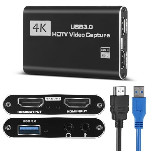 4K HDMI Video Capture Card, Plug & Play USB 3.0 Gaming Capture Card with Microphone - No Driver Needed for PC/Mac, 1080P 60FPS for Nintendo Switch, PS5, PS4, Xbox, OBS Streaming