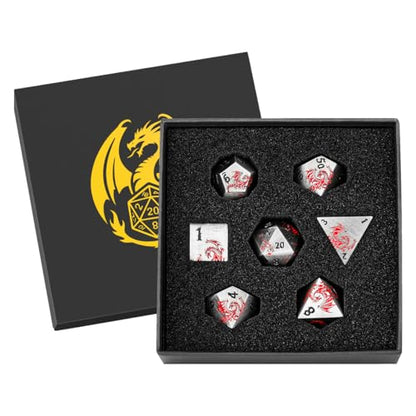 Metal Dice Set, Flat Face Design Dragon Pattern, 7pcs Polyhedral Metal DND Dice Set, DND Starter Set, D&D Gifts with Gift Box, Role Playing Board Games Accessories, Silver - color: Silver
