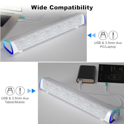 SOULION R30 Computer Speakers Wired 3.5mm Aux with Rotary Switch LED Light | USB Powered Aux Connected with Crystal Sound, Slanted Design PC Speaker for Desktop Laptop Monitor Office Work Music White - color: White, style: 3.5mm Aux