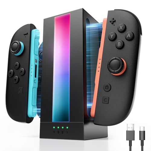 JSAUX EnergyFlow JoyCon Charging Dock for Switch 2, 4-Port | Charge 4 Controllers at Once, Magnetic Docking, RGB Lighting, LED Status Display, 5FT USB C Cable, Space-Saving Setup