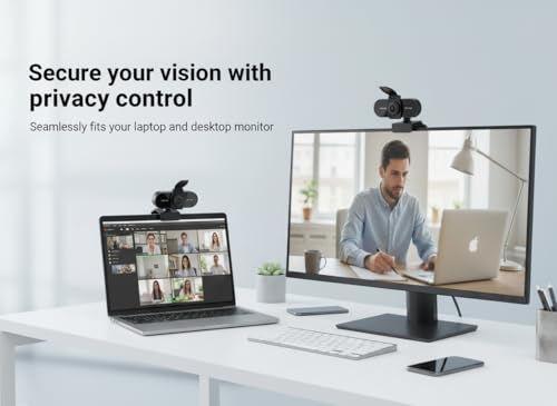 1080P HD Webcam with Microphone, Noise Cancellation, Privacy Cover, Wide-Angle Lens, Auto Light Correction, Plug & Play USB Webcam for Laptop, Desktop, PC, Mac, Zoom, Skype, Streaming (1080p)