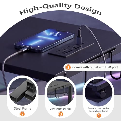 Computer Tower Stand with LED Light Strip, Height Adjustable | 23.6" × 15.7" Mobile Rolling CPU Holder, Height Adjustable PC Tower Stand with Charging Station for Office Home, Black, Large - color: Black, size: 23.6'' × 15.7''