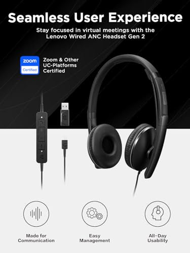 Lenovo Wired ANC Headset, USB-C and USB-A connectivity, Zoom Certified, Active Noise Cancellation, Hearing Protection, 145g Lightweight Comfortable Design, Replaceable Earcups, Business Headset - style: Wired ANC Gen 2 (UC)