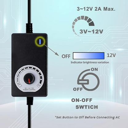 Delinx 12V PC Fan Speed Controller, AC Plug with 2X 4-Pin Splitter Cable | 24W Power Adapter, Compatible 2/3/4-Pin, Case Cooling Project for PC Server Cabinet DVR TV Router Receiver Xbox Greenhouse